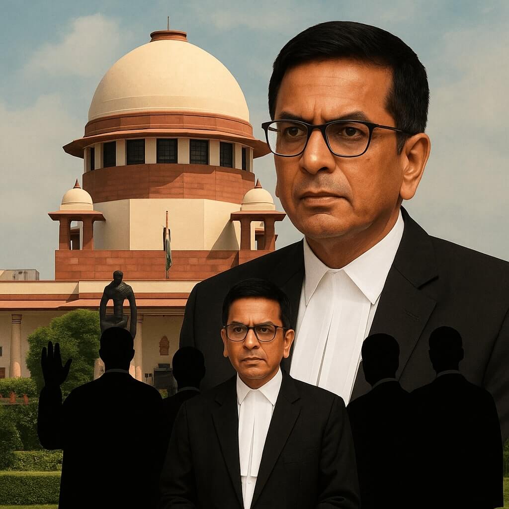 A symbolic representation of judicial leadership and proceedings at the Supreme Court of India.