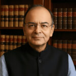 Portrait of Arun Jaitley in front of a law library.