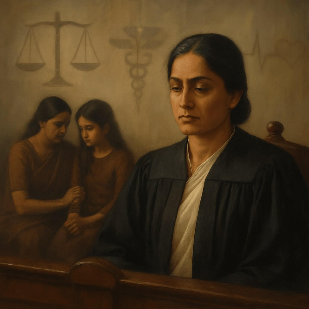 A dignified courtroom moment—an Indian female judge reflects as a mother and daughter wait anxiously, with law and healthcare symbols subtly woven into the setting.