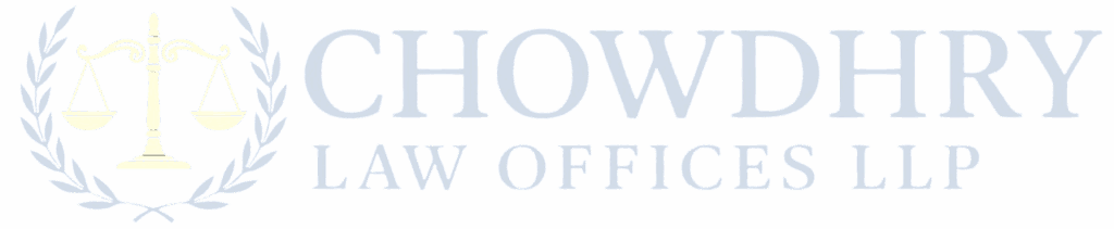 Chowdhry Law Offices LLP logo featuring balanced legal scales within a laurel wreath and professional serif text.