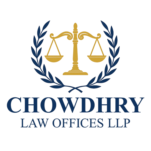 Chowdhry Law Offices LLP logo featuring balanced legal scales within a laurel wreath and professional serif text.