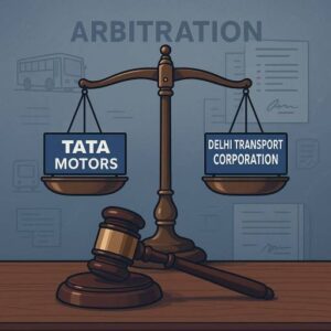 A symbolic illustration of legal arbitration between Tata Motors and Delhi Transport Corporation, featuring a balance scale and a judge’s gavel.