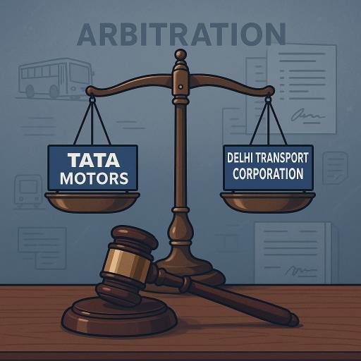 Tata Motors vs. DTC: Arbitration dispute visualized with balance scales and legal symbolism.