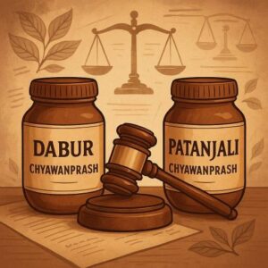 A symbolic courtroom illustration showing two Ayurvedic Chyawanprash jars on either side of a judge’s gavel, representing the Dabur vs Patanjali legal dispute, with legal documents, herbs, and a scale of justice in the background.