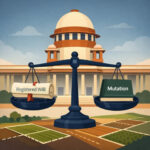 Minimalist illustration of the Indian Supreme Court with a balance scale showing a registered will and mutation land record, symbolizing revenue law and succession.